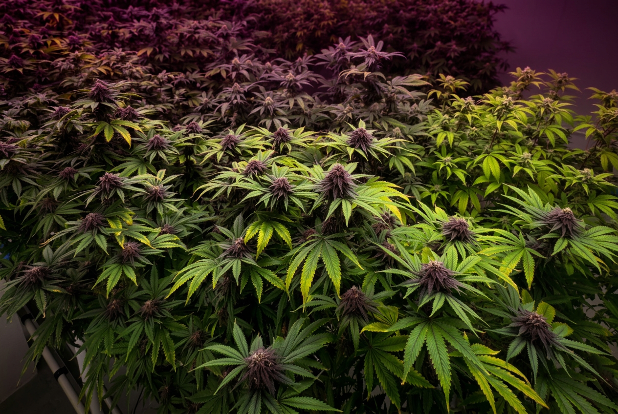Close-up of the Canabangka canopy in flower under LED grow lights at the Bangkok craft farm